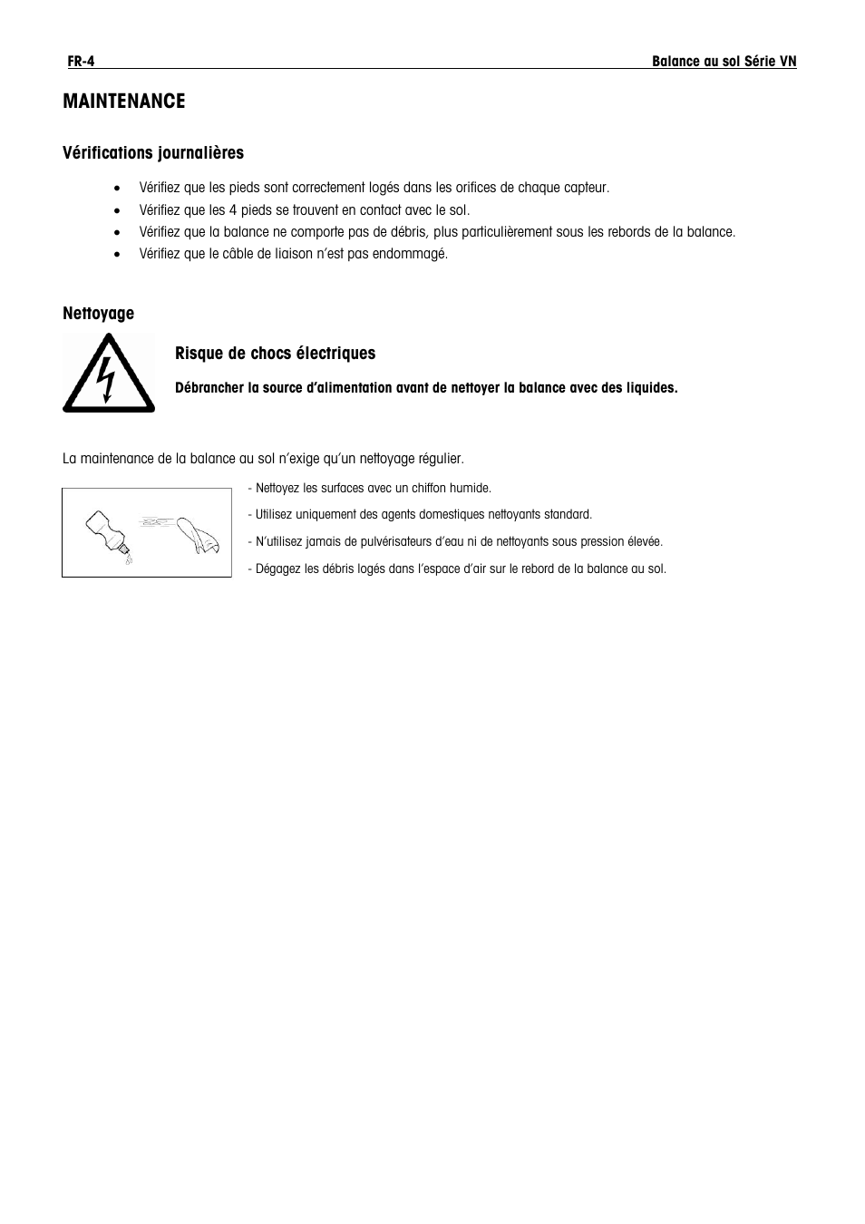 Maintenance, Vérifications journalières, Nettoyage risque de chocs électriques | Fr-4 balance au sol série vn | Ohaus VN Series Floor Scale Manual multi User Manual | Page 26 / 33