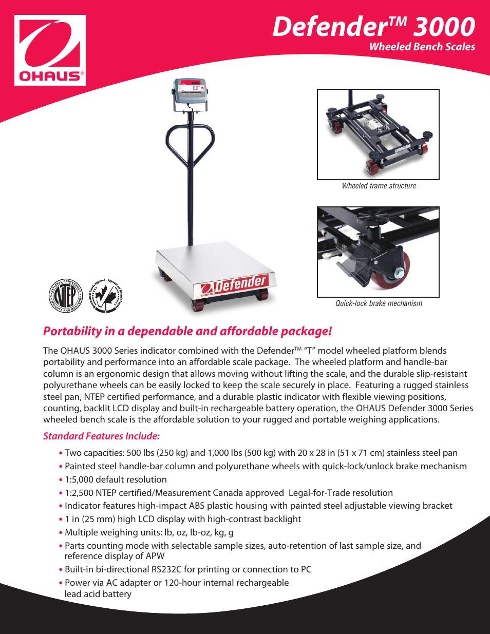Ohaus DEFENDER 3000 WHEELED BENCH SCALES Data Sheet User Manual | 2 pages