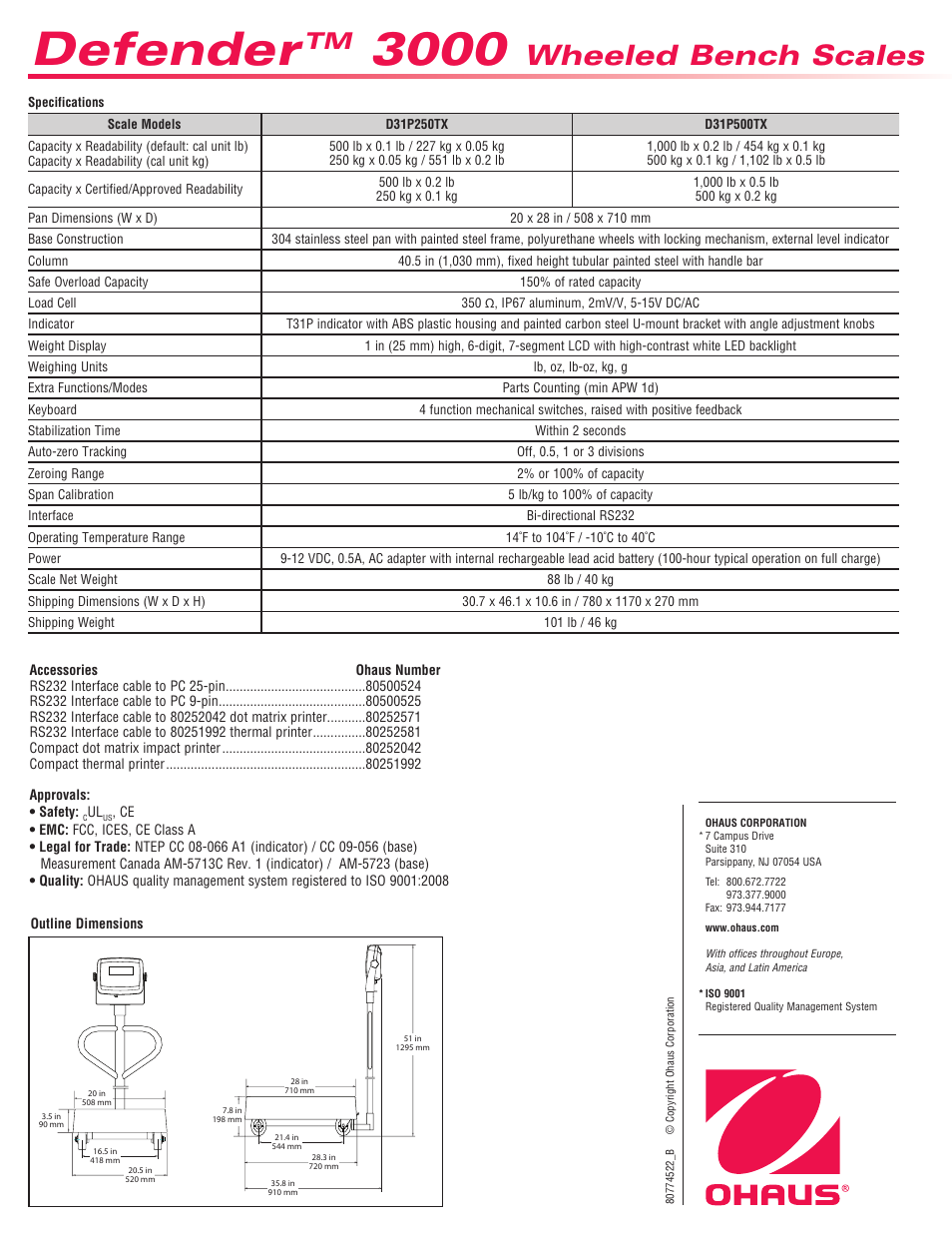 Defender, Wheeled bench scales | Ohaus DEFENDER 3000 WHEELED BENCH SCALES Data Sheet User Manual | Page 2 / 2