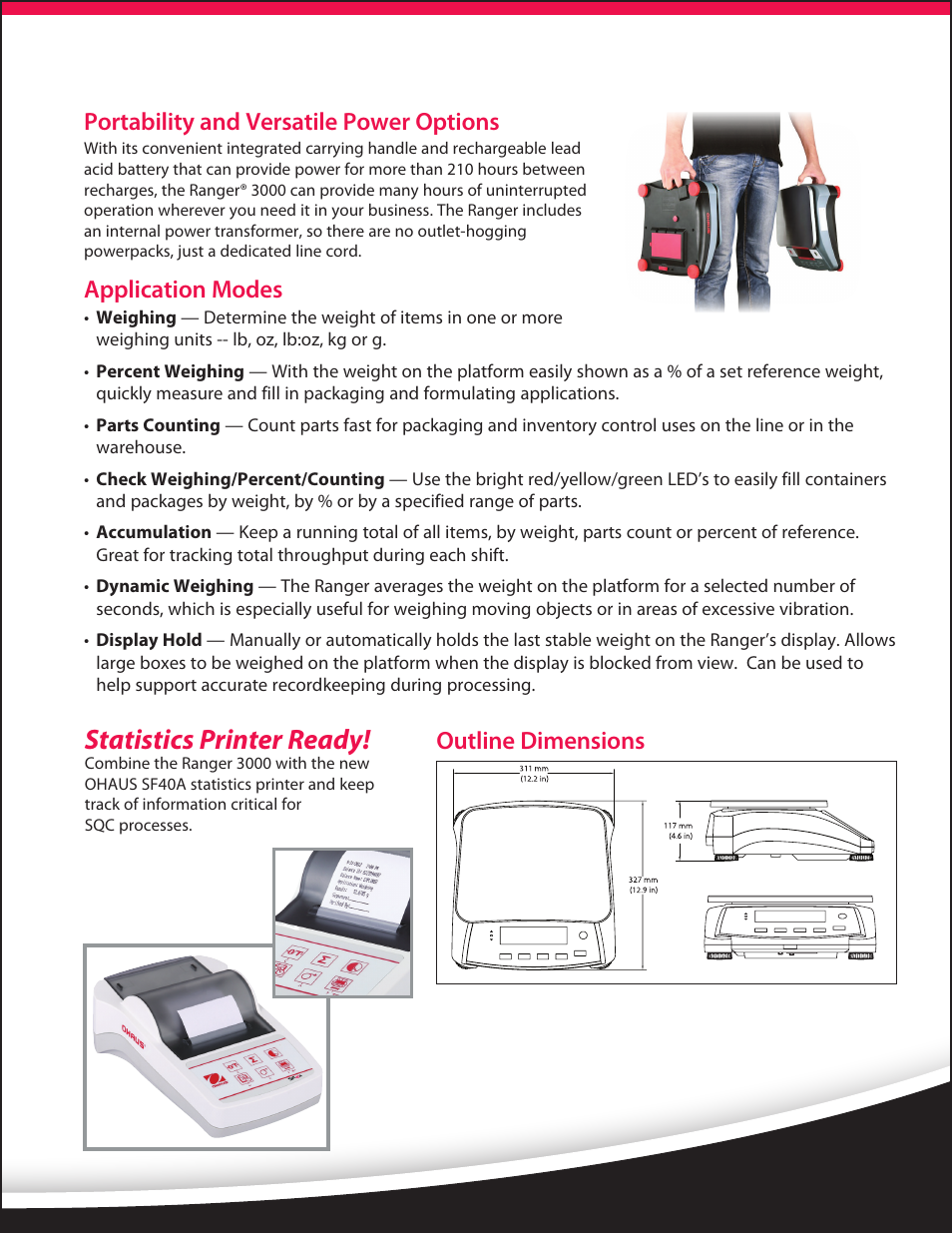 Statistics printer ready, Portability and versatile power options, Application modes | Outline dimensions | Ohaus RANGER 3000 COMPACT SCALES Data Sheet User Manual | Page 3 / 4
