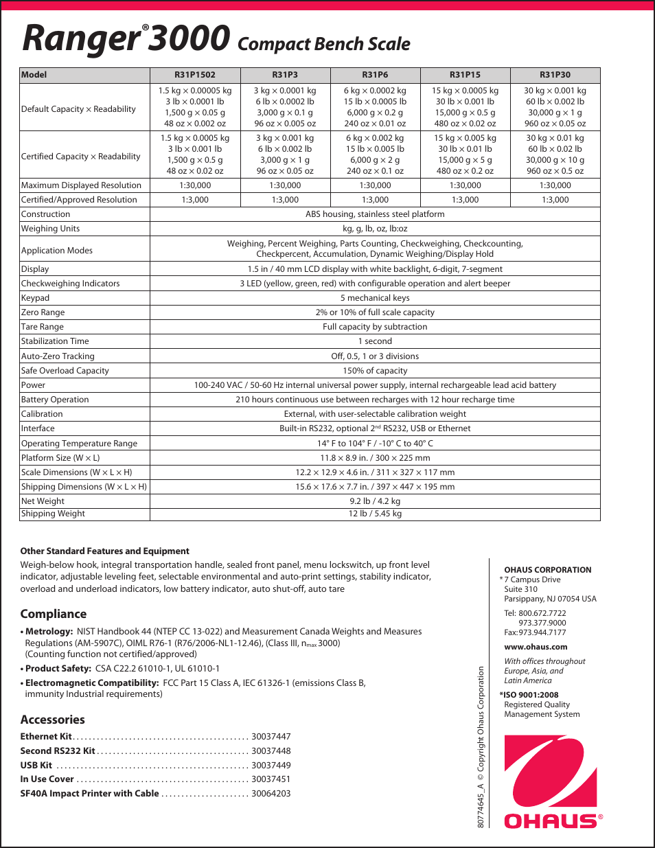 Ranger, Compact bench scale, Compliance | Accessories | Ohaus RANGER 3000 COMPACT SCALES Data Sheet User Manual | Page 4 / 4