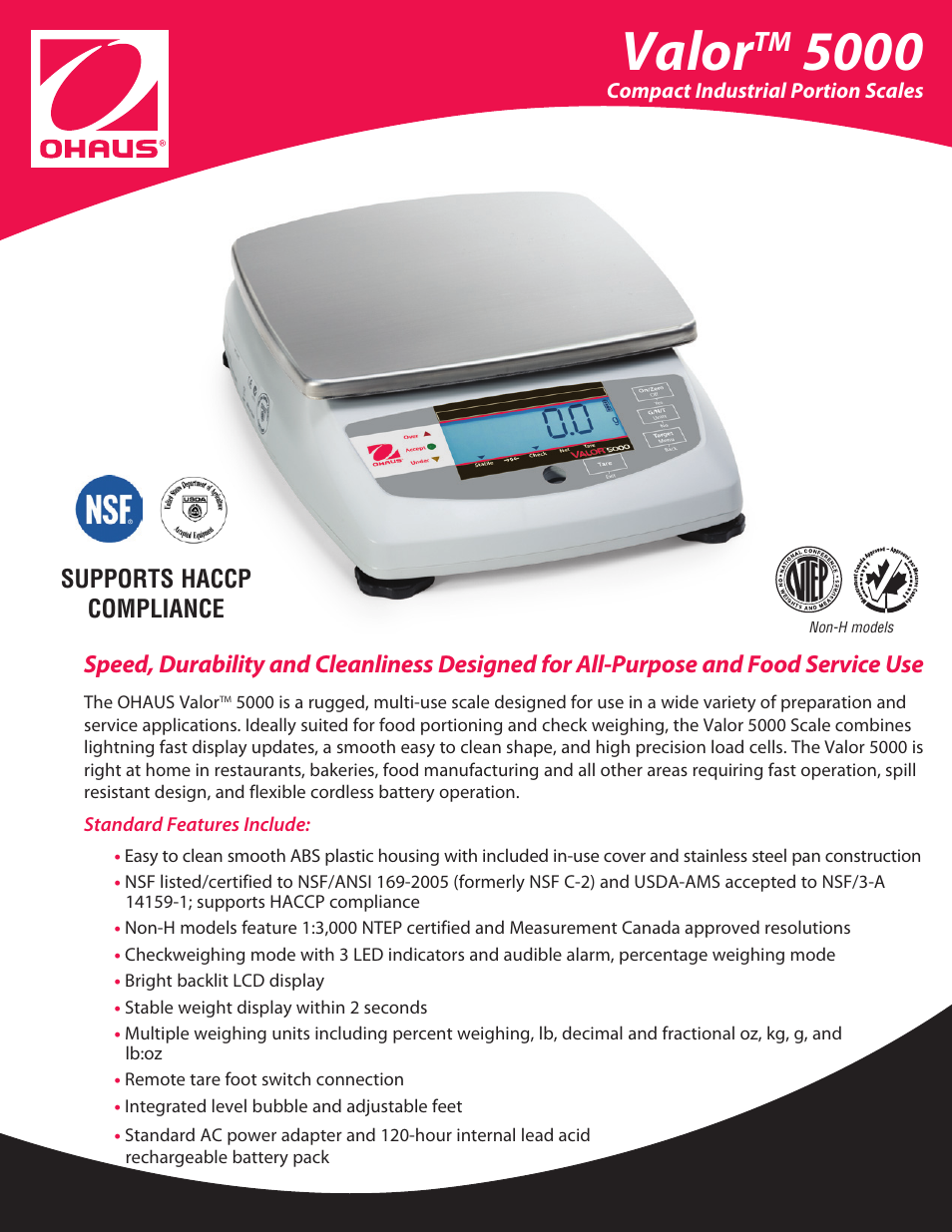 Ohaus Valor 5000 COMPACT FOOD SCALES Data Sheet User Manual | 4 pages
