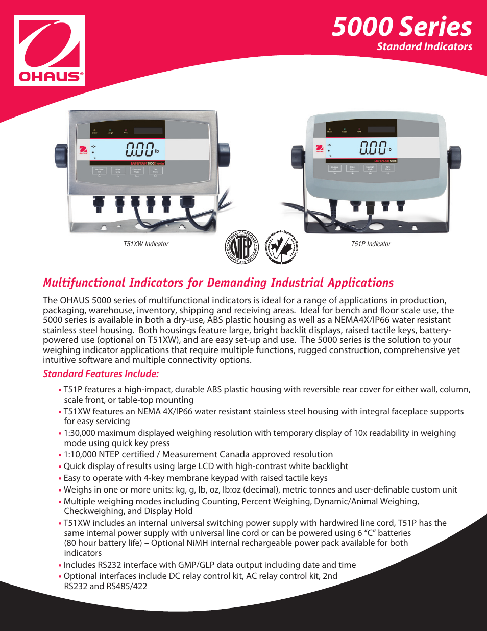 Ohaus DEFENDER 5000 STAINLESS STEEL WASHDOWN INDICATOR Data Sheet User Manual | 4 pages