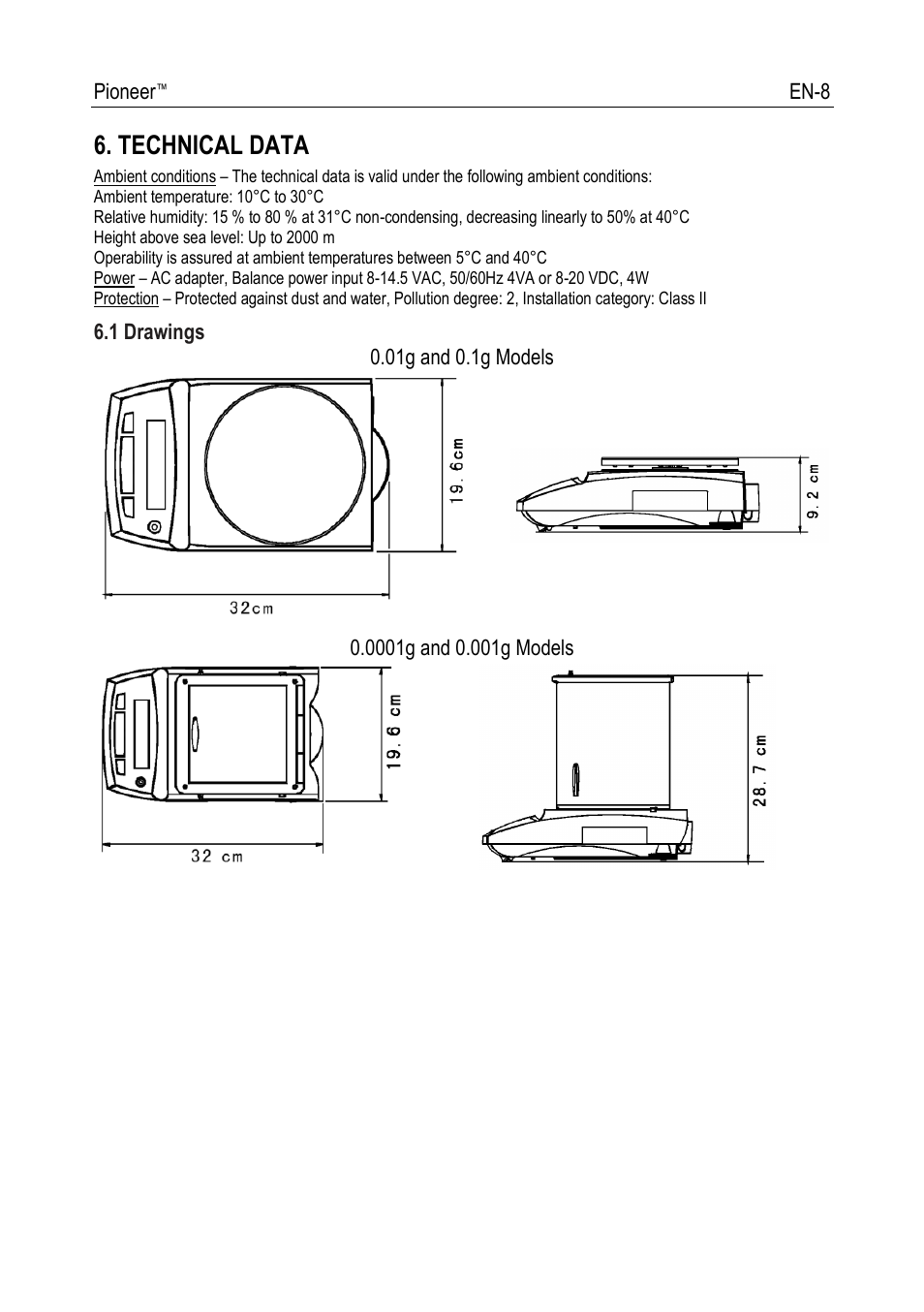 Technical data | Ohaus PIONEER ANALYTICAL AND PRECISION BALANCES Manual fr User Manual | Page 10 / 34