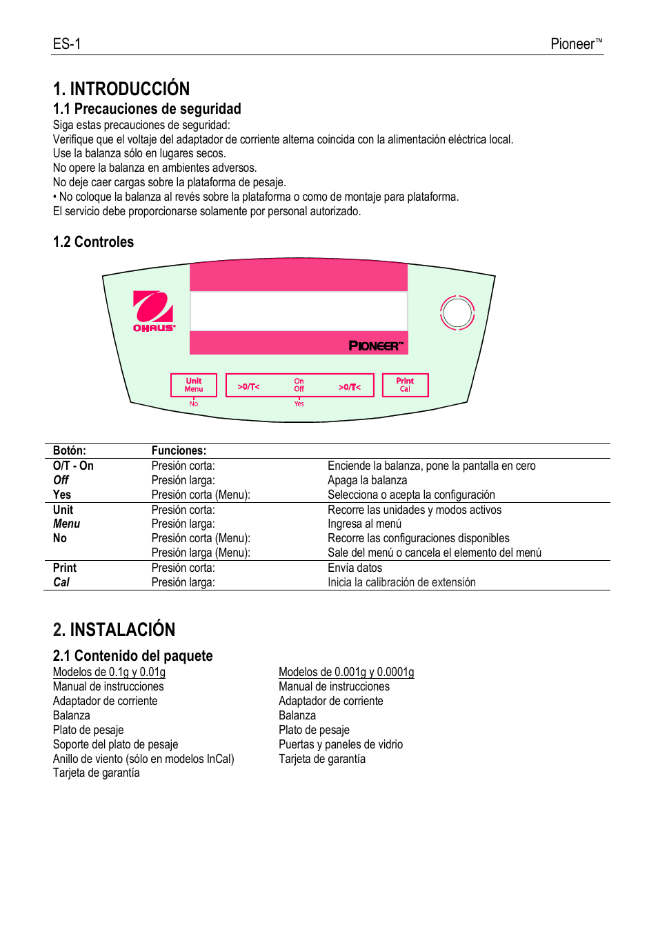 80251619rb-es.pdf, Introducció n, Instalació n | Ohaus PIONEER ANALYTICAL AND PRECISION BALANCES Manual fr User Manual | Page 13 / 34