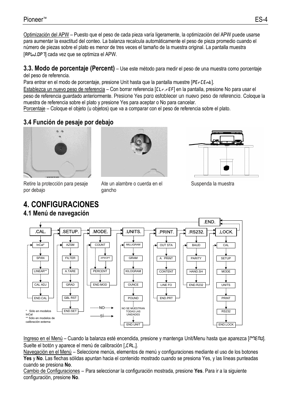 Configuraciones, Pioneer, Es-4 | Modo de porcentaje (percent), 4 funció n de pesaje por debajo, 1 menú de navegació n | Ohaus PIONEER ANALYTICAL AND PRECISION BALANCES Manual fr User Manual | Page 16 / 34