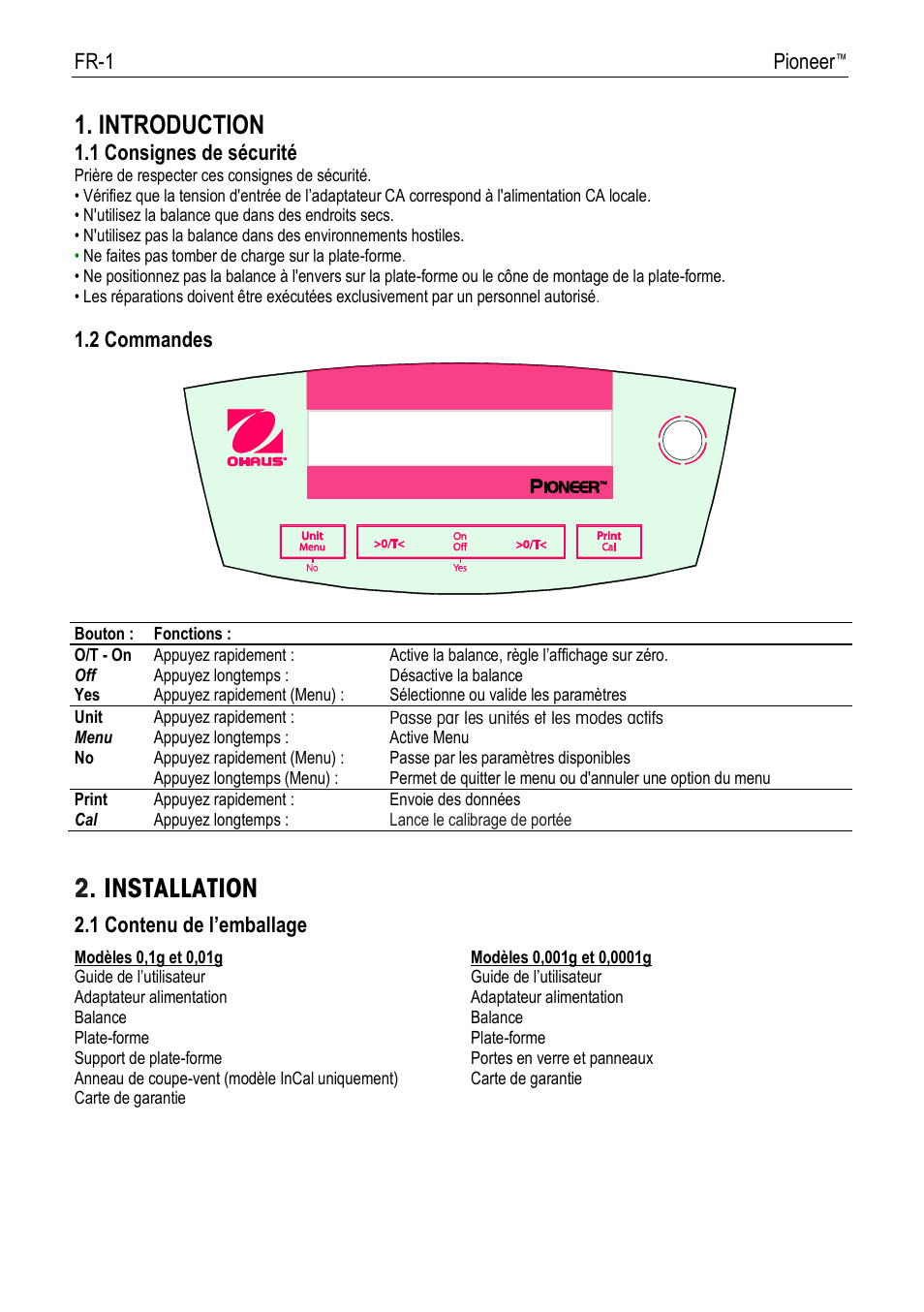 80251619rb-fr.pdf, Introduction, Installation | Ohaus PIONEER ANALYTICAL AND PRECISION BALANCES Manual fr User Manual | Page 23 / 34