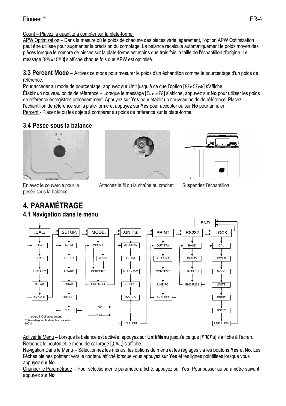 Paramé trage, Pioneer, Fr-4 | 3 percent mode, 4 pesé e sous la balance, 1 navigation dans le menu | Ohaus PIONEER ANALYTICAL AND PRECISION BALANCES Manual fr User Manual | Page 26 / 34