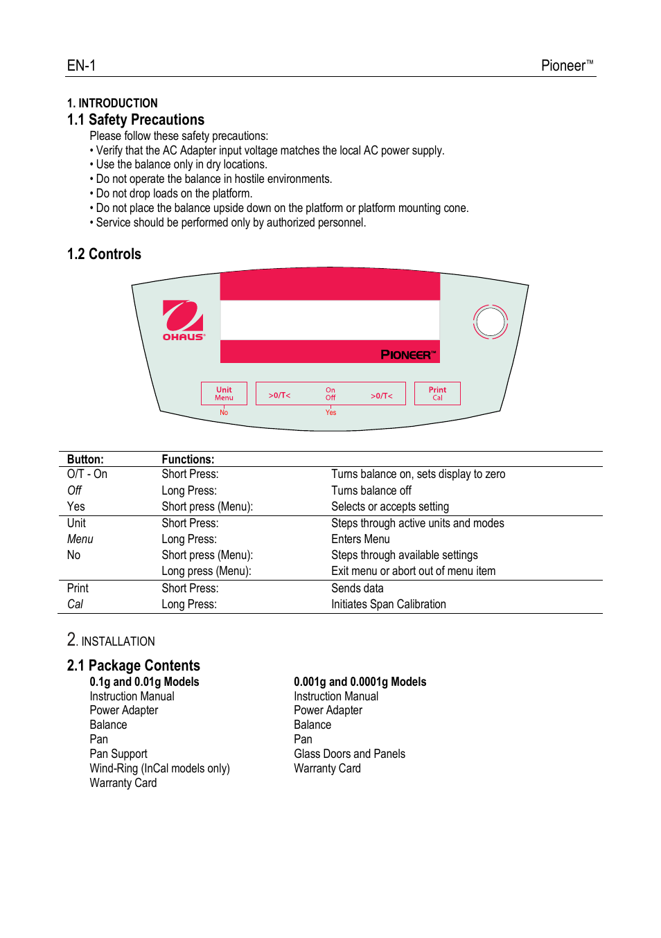 80251619rb-en.pdf, En-1 pioneer, 1 safety precautions | 2 controls, 1 package contents | Ohaus PIONEER ANALYTICAL AND PRECISION BALANCES Manual fr User Manual | Page 3 / 34