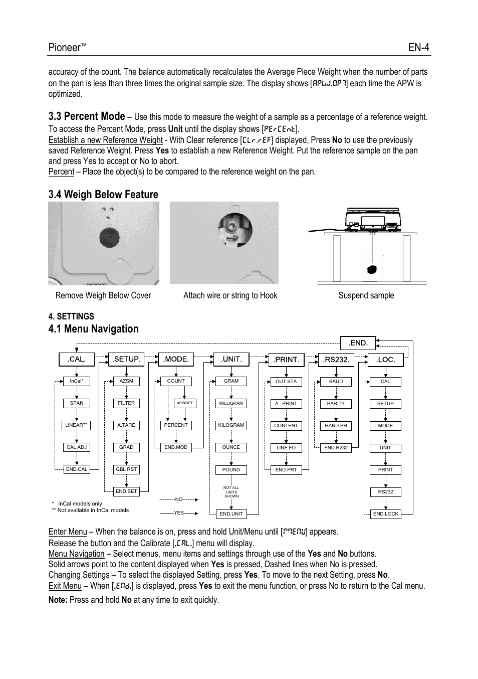 Pioneer, En-4, 3 percent mode | 4 weigh below feature, 1 menu navigation | Ohaus PIONEER ANALYTICAL AND PRECISION BALANCES Manual fr User Manual | Page 6 / 34