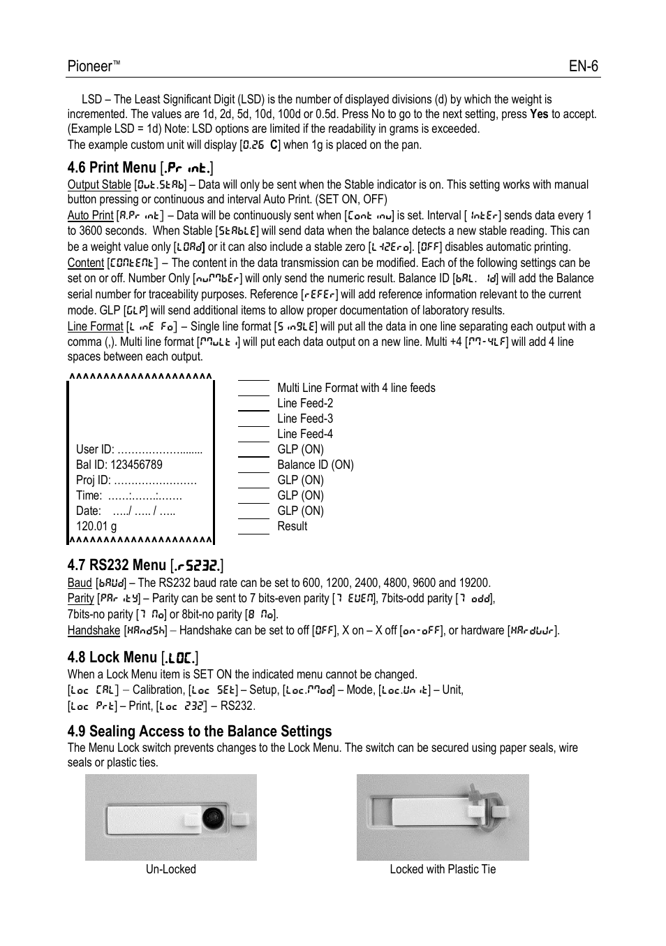 Pioneer, En-6, 6 print menu [.print | 8 lock menu [.loc, 9 sealing access to the balance settings | Ohaus PIONEER ANALYTICAL AND PRECISION BALANCES Manual fr User Manual | Page 8 / 34