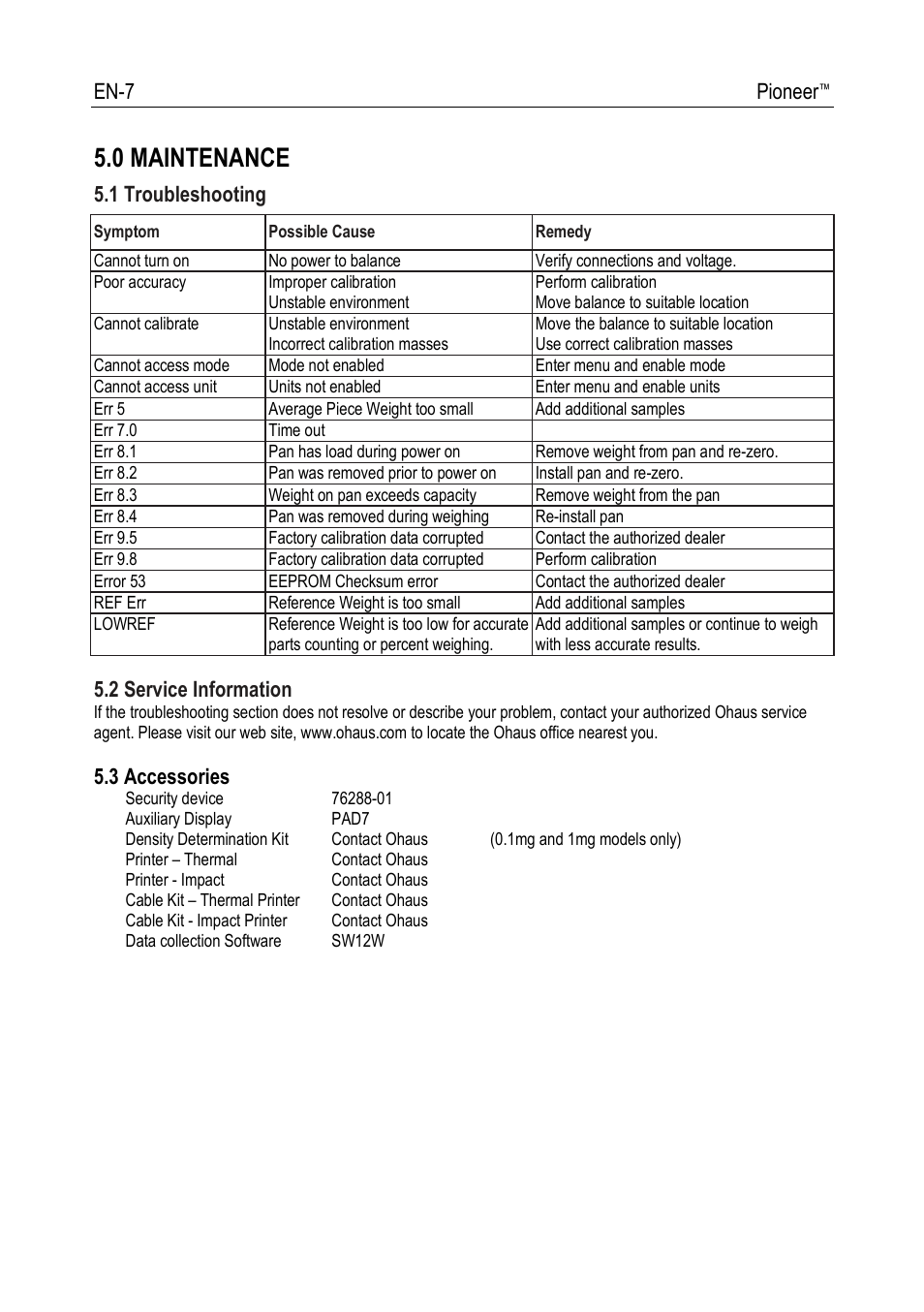 0 maintenance, En-7 pioneer, 1 troubleshooting | 2 service information, 3 accessories | Ohaus PIONEER ANALYTICAL AND PRECISION BALANCES Manual fr User Manual | Page 9 / 34