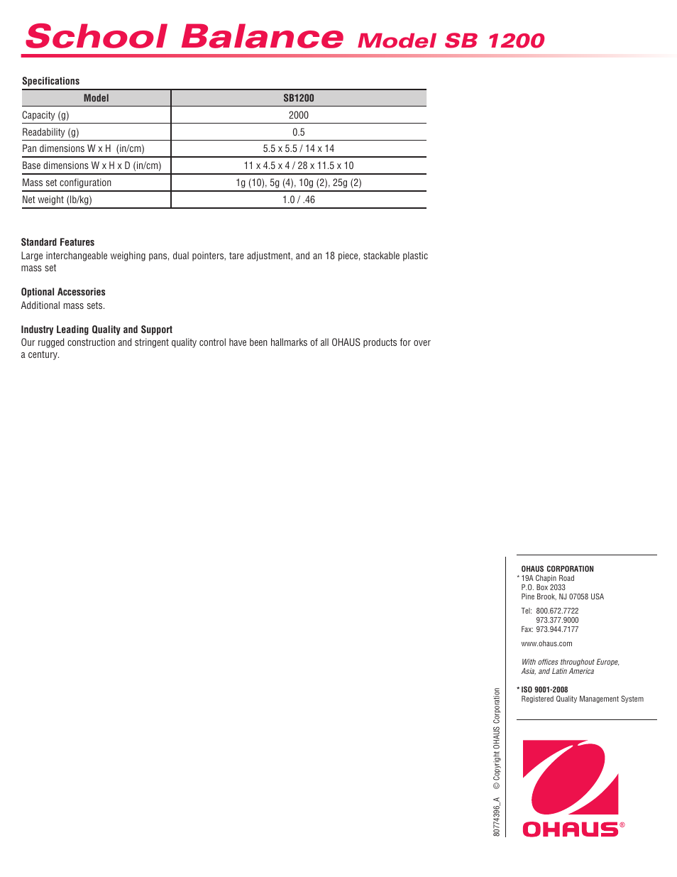 School balance, Model sb 1200 | Ohaus SB 1200 SCHOOL BALANCE Data Sheet User Manual | Page 2 / 2