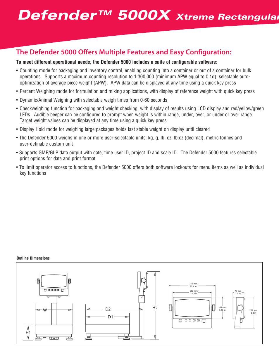 Defender, 5000x, Xtreme rectangular scales | Ohaus DEFENDER 5000X Rectangular Scales Data Sheet User Manual | Page 2 / 4