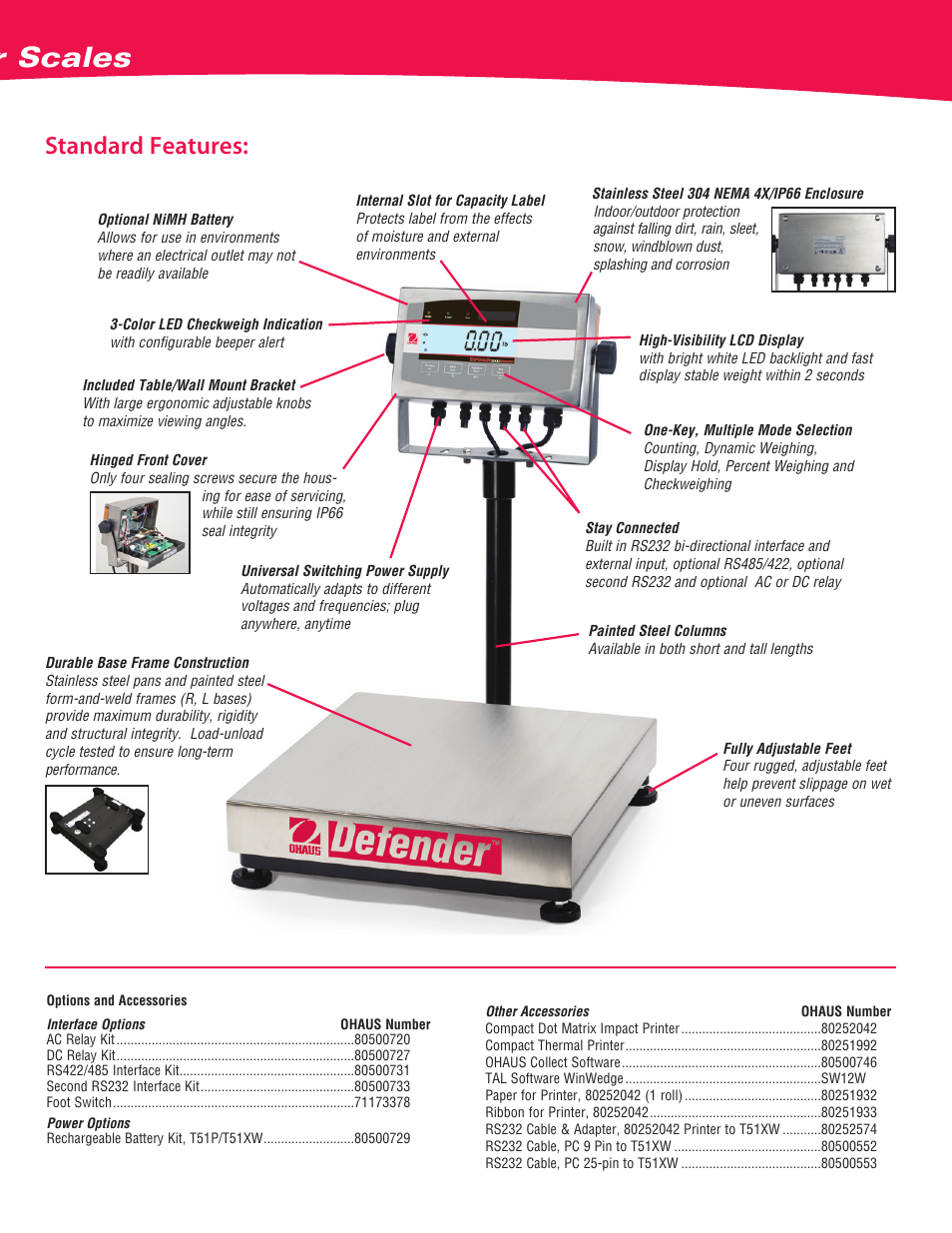 Defender, 5000x, Xtreme rectangular scales | Standard features | Ohaus DEFENDER 5000X Rectangular Scales Data Sheet User Manual | Page 3 / 4