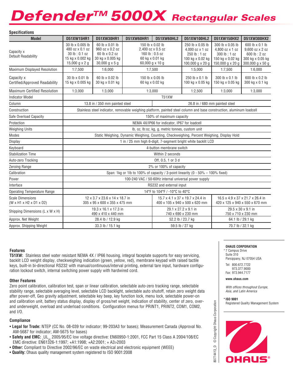 Defender, 5000x, Rectangular scales | Ohaus DEFENDER 5000X Rectangular Scales Data Sheet User Manual | Page 4 / 4