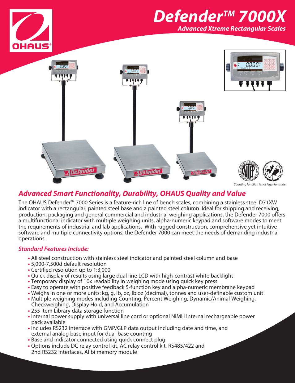 Ohaus DEFENDER 7000X Xtreme Rectangular Scales Data Sheet User Manual | 4 pages
