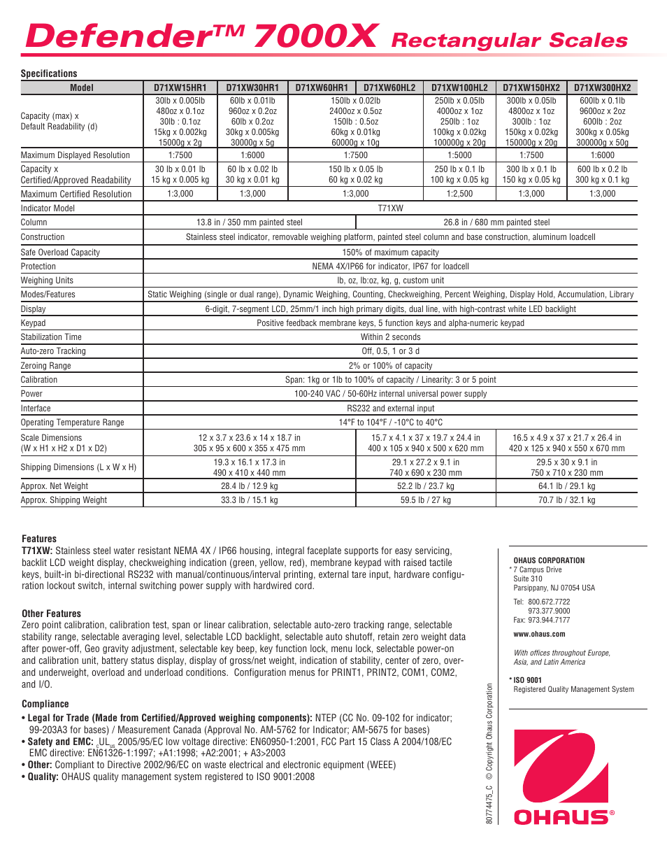 Defender, 7000x, Rectangular scales | Ohaus DEFENDER 7000X Xtreme Rectangular Scales Data Sheet User Manual | Page 4 / 4