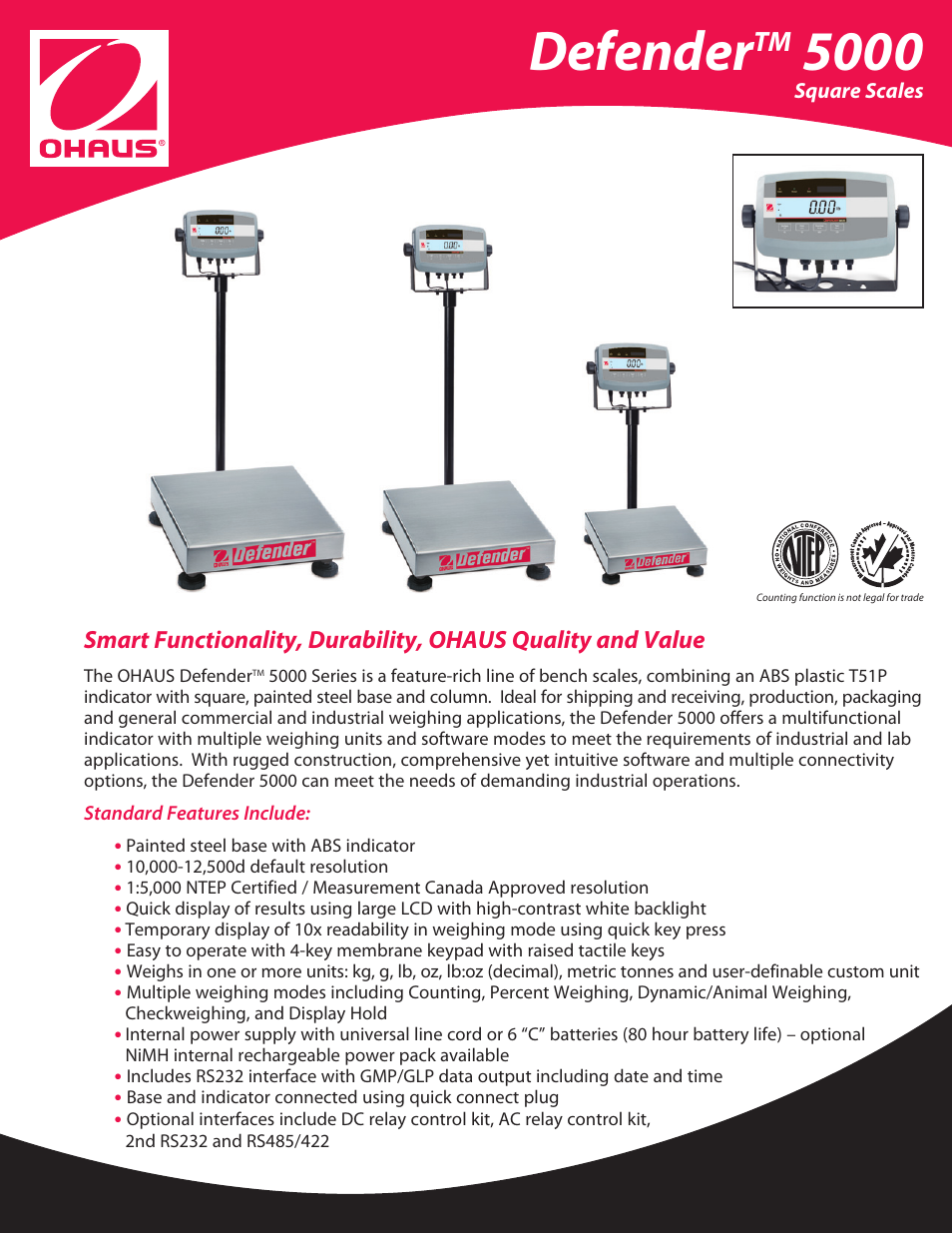 Ohaus DEFENDER 5000 Square Scales Data Sheet User Manual | 4 pages