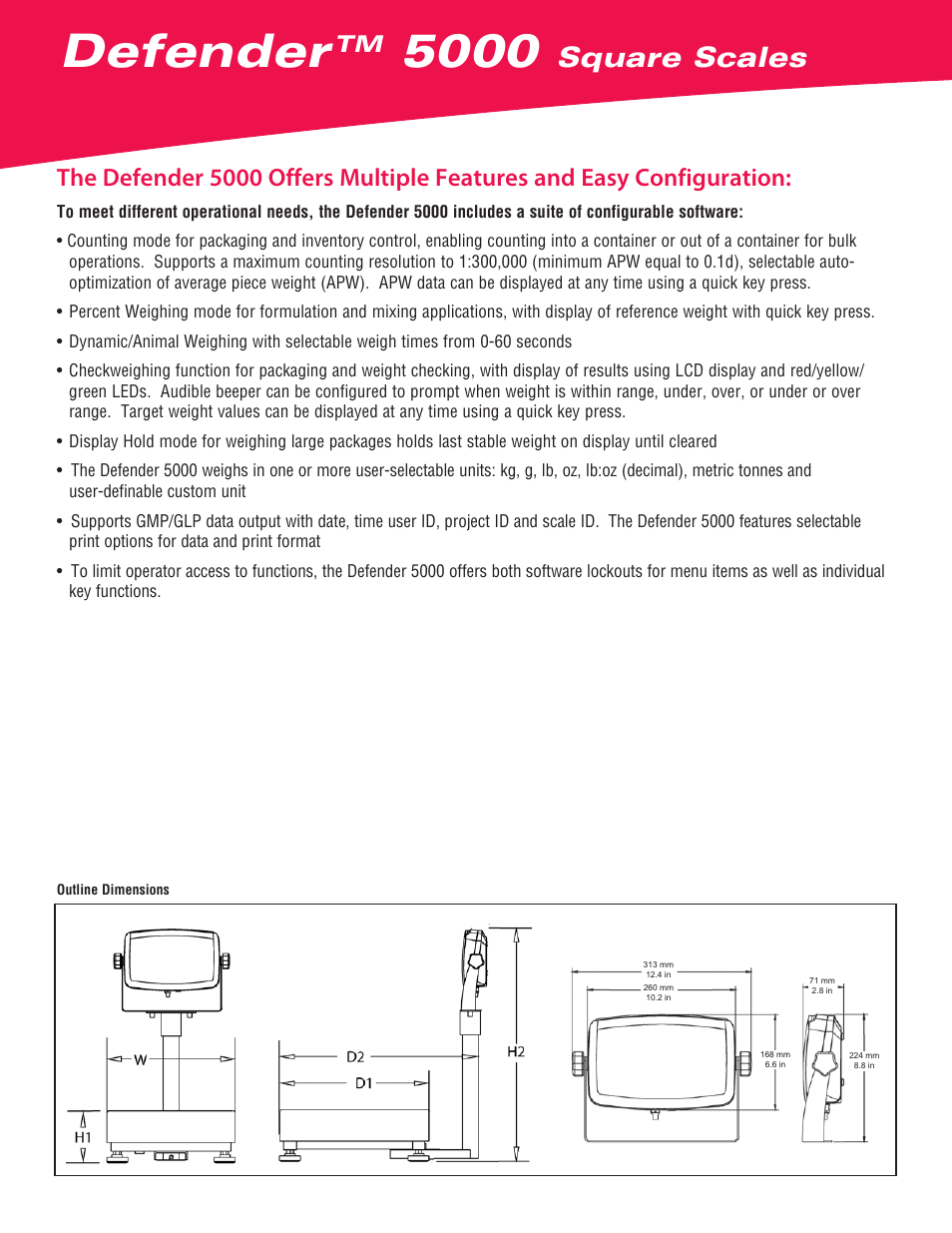 Defender, Square scales | Ohaus DEFENDER 5000 Square Scales Data Sheet User Manual | Page 2 / 4