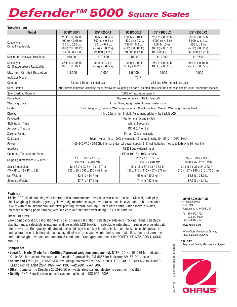 Defender, Square scales | Ohaus DEFENDER 5000 Square Scales Data Sheet User Manual | Page 4 / 4