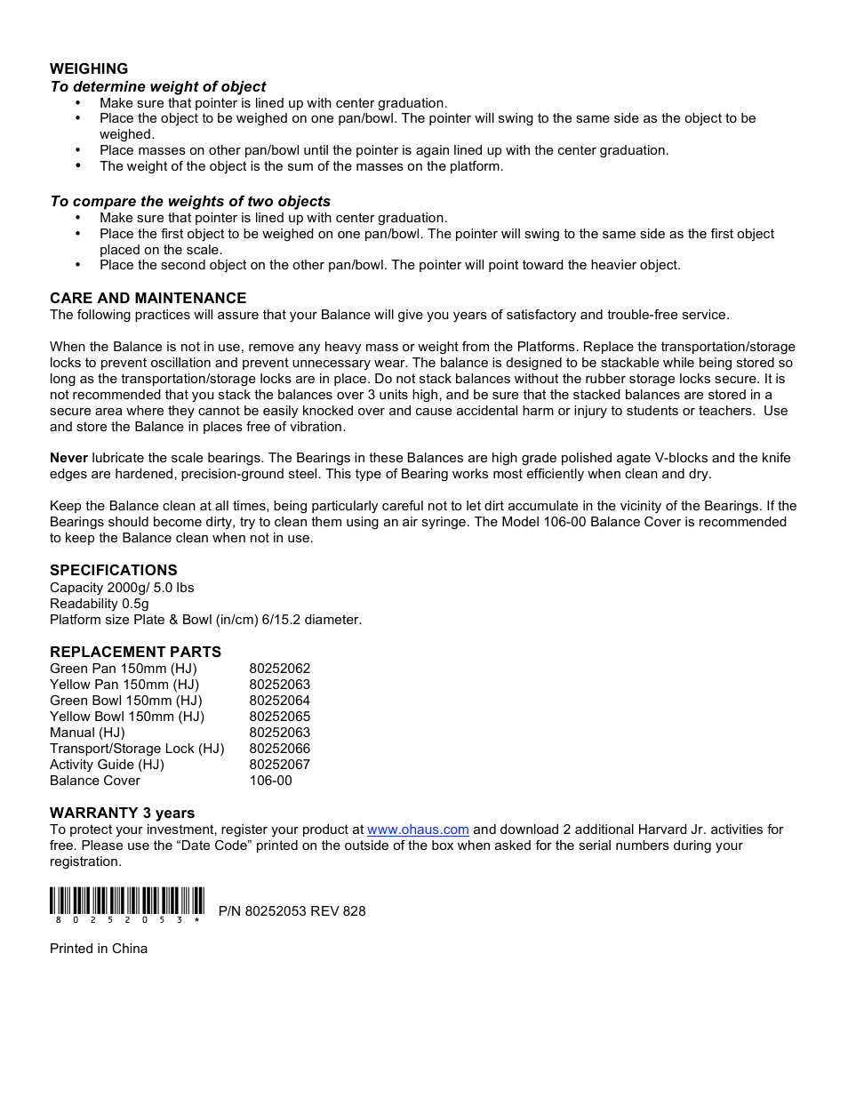 Ohaus HJ2001 HARVARD JUNIOR MECHANICAL BALANCE Manual User Manual | Page 2 / 2