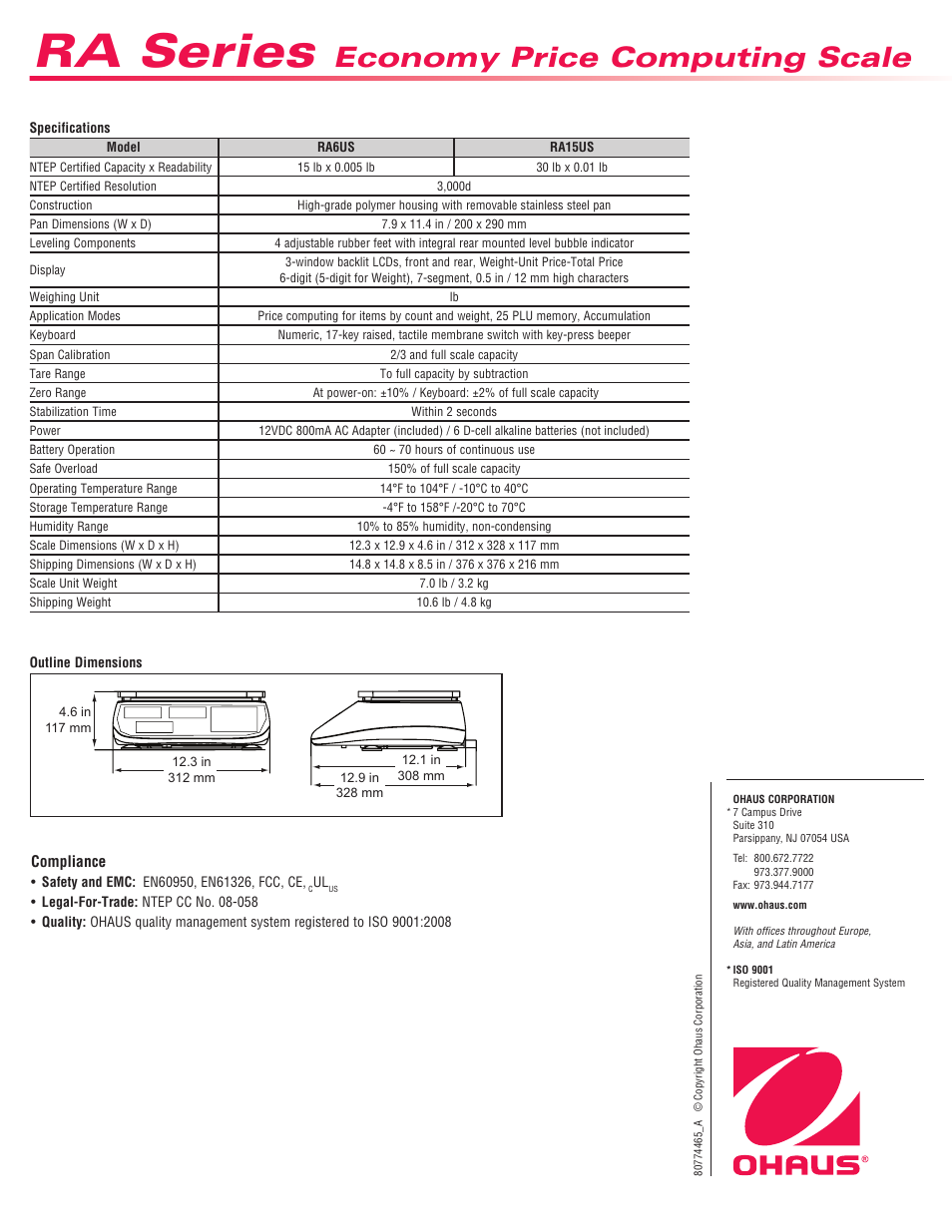 Ra series, Economy price computing scale | Ohaus RA PRICE COMPUTING COMPACT SCALES Data Sheet User Manual | Page 2 / 2