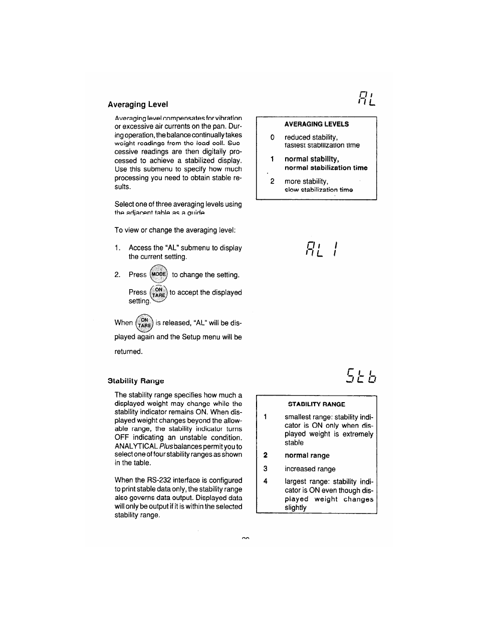 Averaging level, Stability range | Ohaus AP250E ANALYTICAL Plus Electronic Balances User Manual | Page 101 / 128