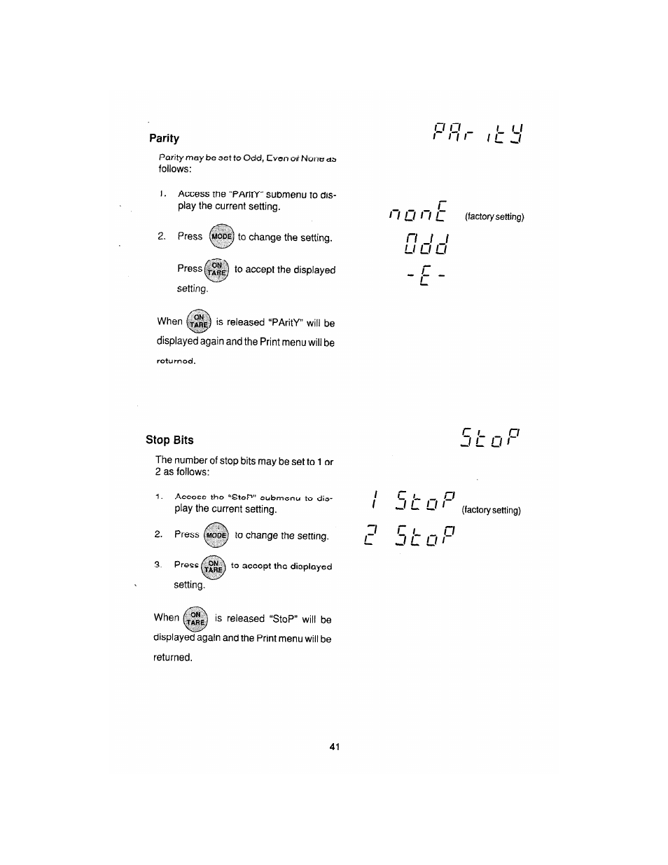 Parity, Stop, Bits | Ohaus AP250E ANALYTICAL Plus Electronic Balances User Manual | Page 113 / 128