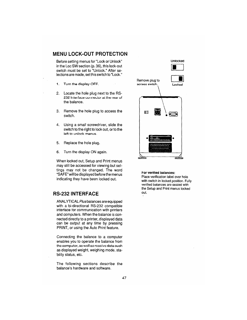 Rs232, Menu lock-out protection, Rs-232 interface | Ohaus AP250E ANALYTICAL Plus Electronic Balances User Manual | Page 119 / 128