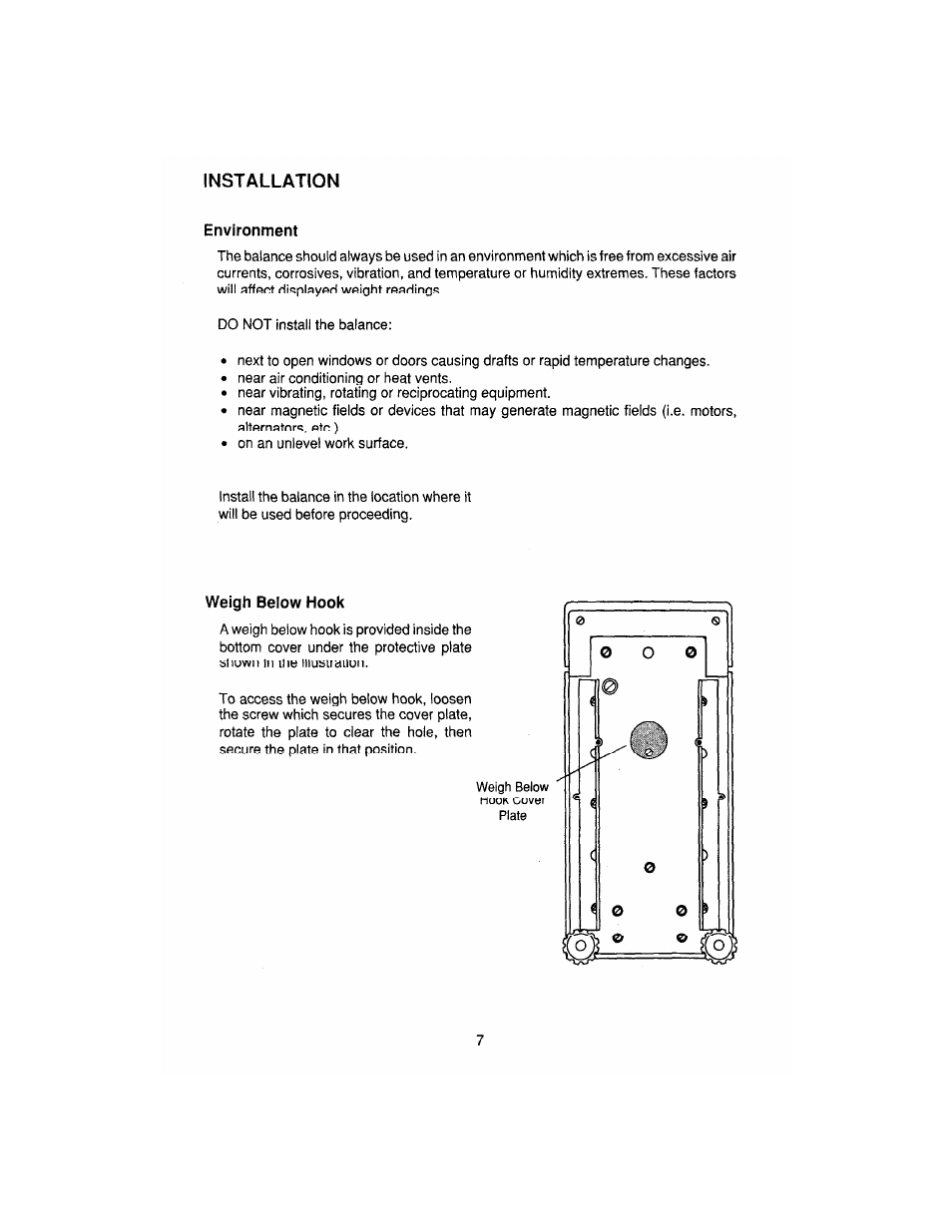 Installation, Environment, Weigh | Below hook | Ohaus AP250E ANALYTICAL Plus Electronic Balances User Manual | Page 79 / 128
