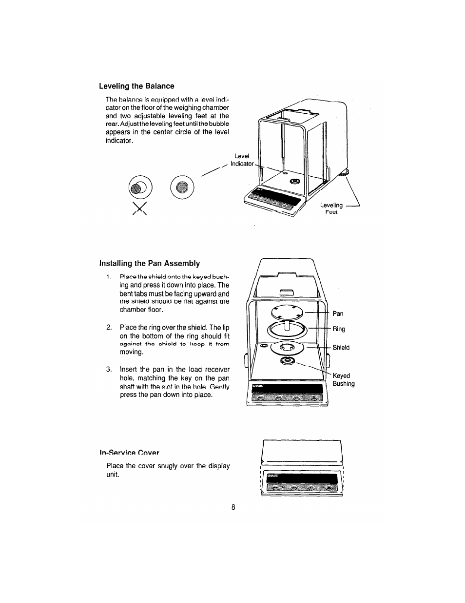 Leveling, Balance, Installing | Pan assembly, In-service cover | Ohaus AP250E ANALYTICAL Plus Electronic Balances User Manual | Page 80 / 128