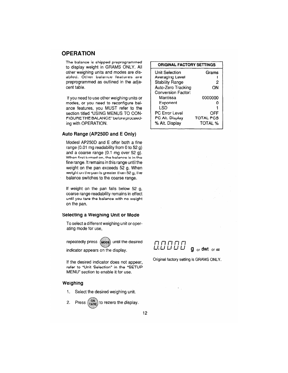 Operation, Auto range (model ap25od only), Selecting a weighing unit or mode | Weighing | Ohaus AP250E ANALYTICAL Plus Electronic Balances User Manual | Page 84 / 128