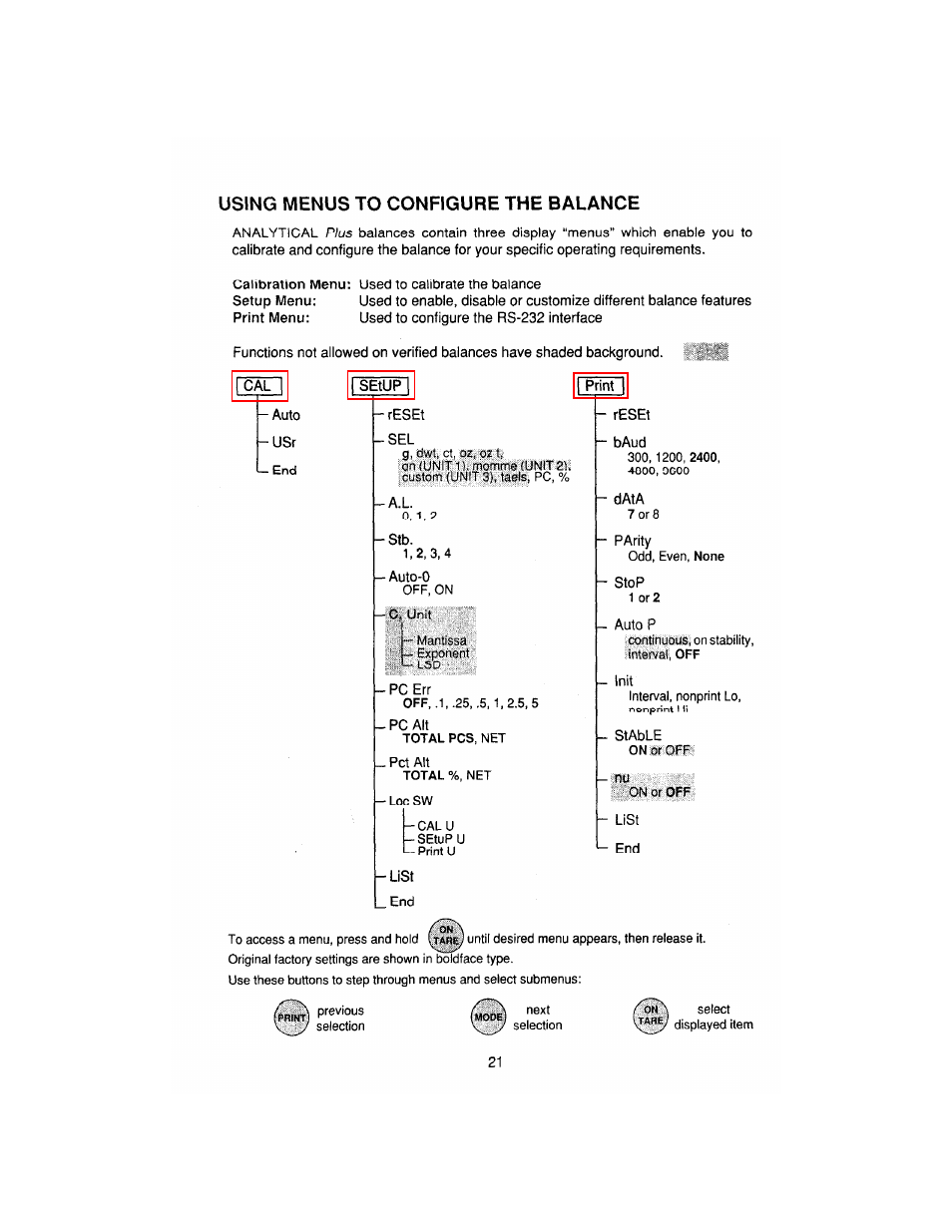 Menu, Using menus to configure the balance | Ohaus AP250E ANALYTICAL Plus Electronic Balances User Manual | Page 93 / 128