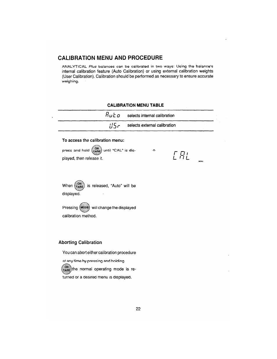 Calibration, Calibration menu and procedure | Ohaus AP250E ANALYTICAL Plus Electronic Balances User Manual | Page 94 / 128