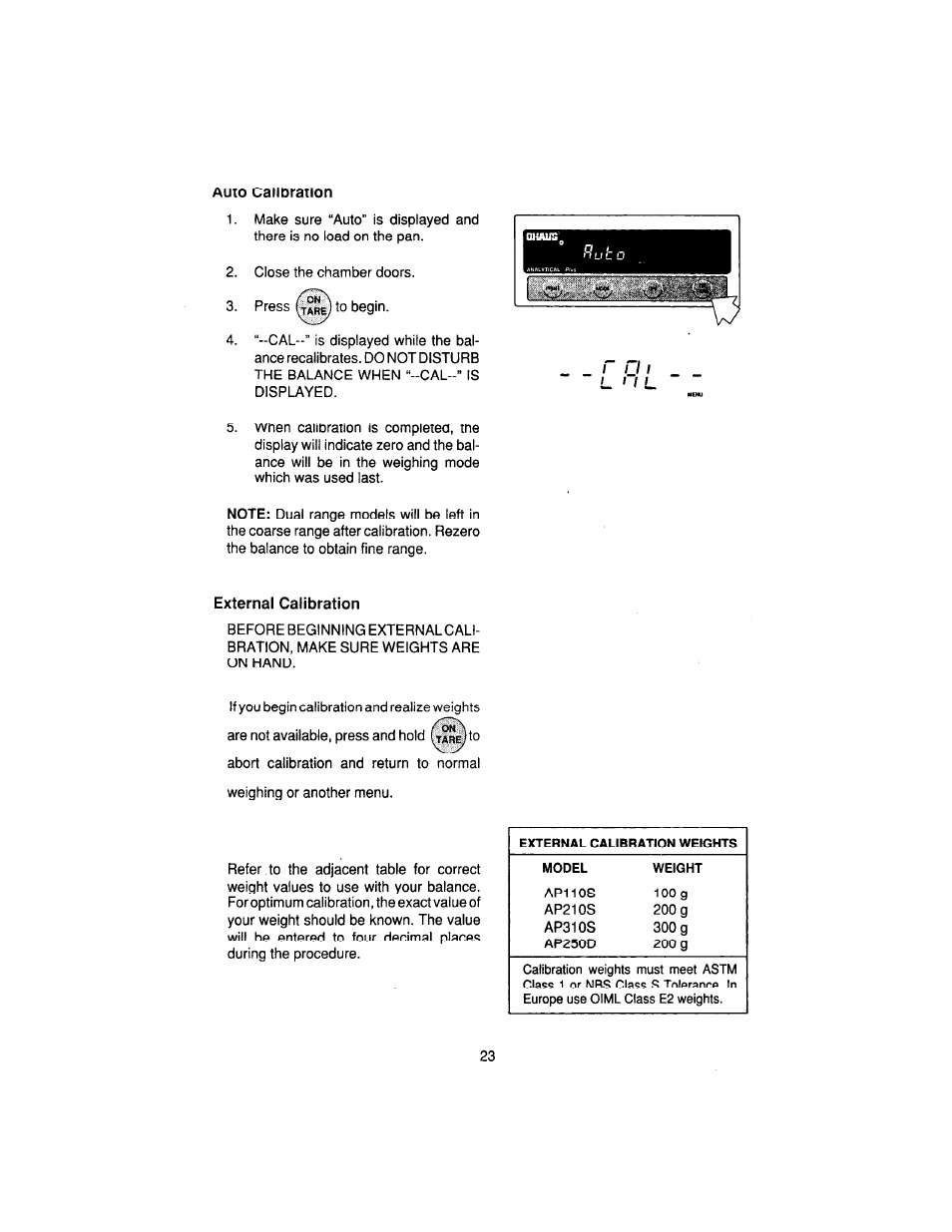 Auto, Calibration, External | Ohaus AP250E ANALYTICAL Plus Electronic Balances User Manual | Page 95 / 128