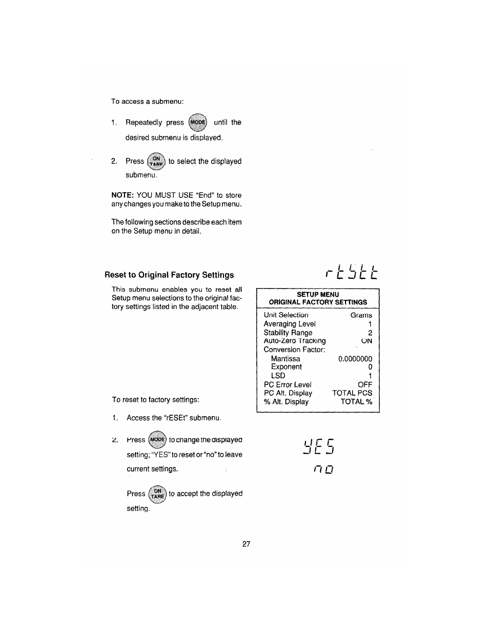 Reset to original factory settings | Ohaus AP250E ANALYTICAL Plus Electronic Balances User Manual | Page 99 / 128