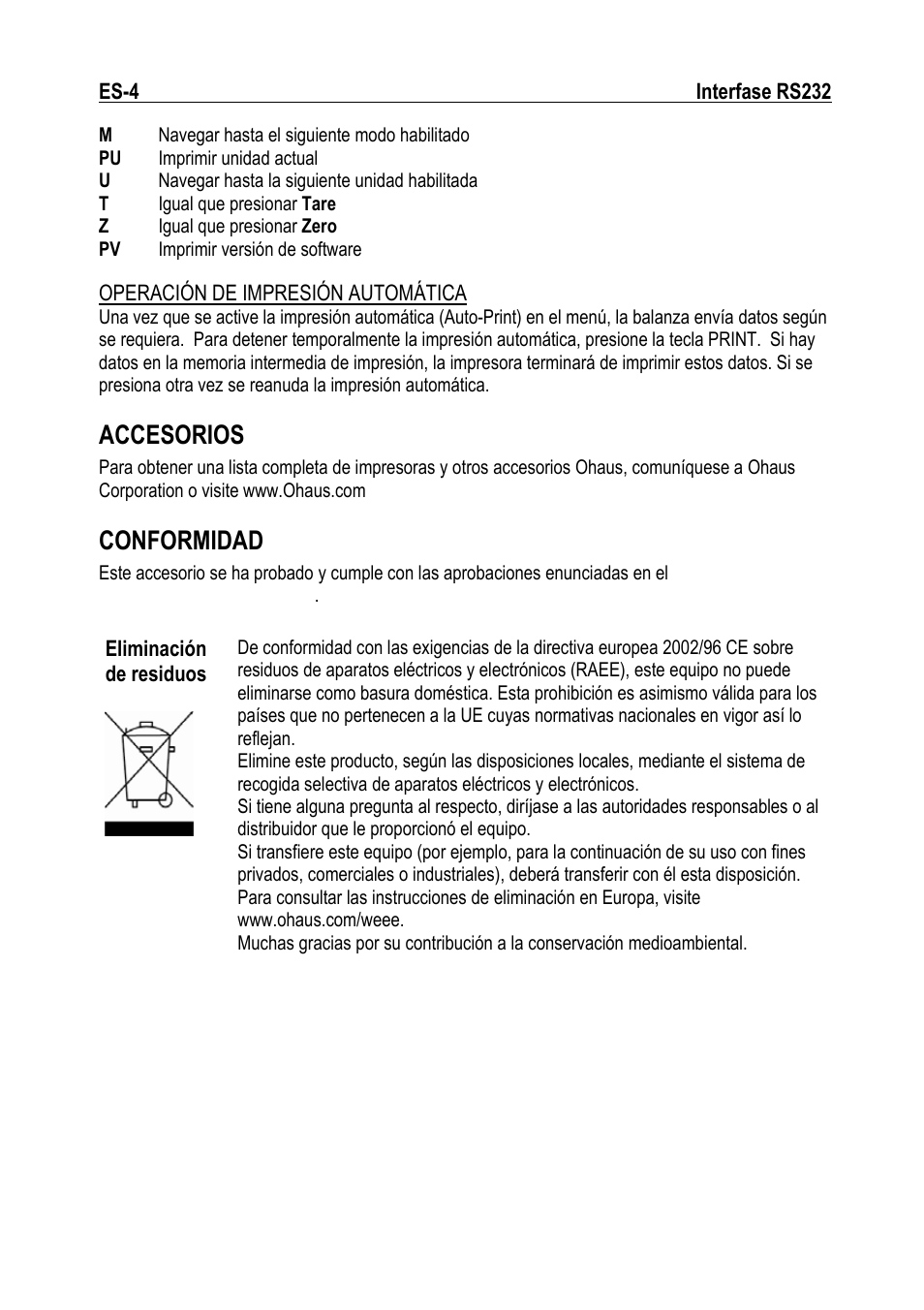 Accesorios, Conformidad | Ohaus RS232 Interface Manual ru User Manual | Page 10 / 38