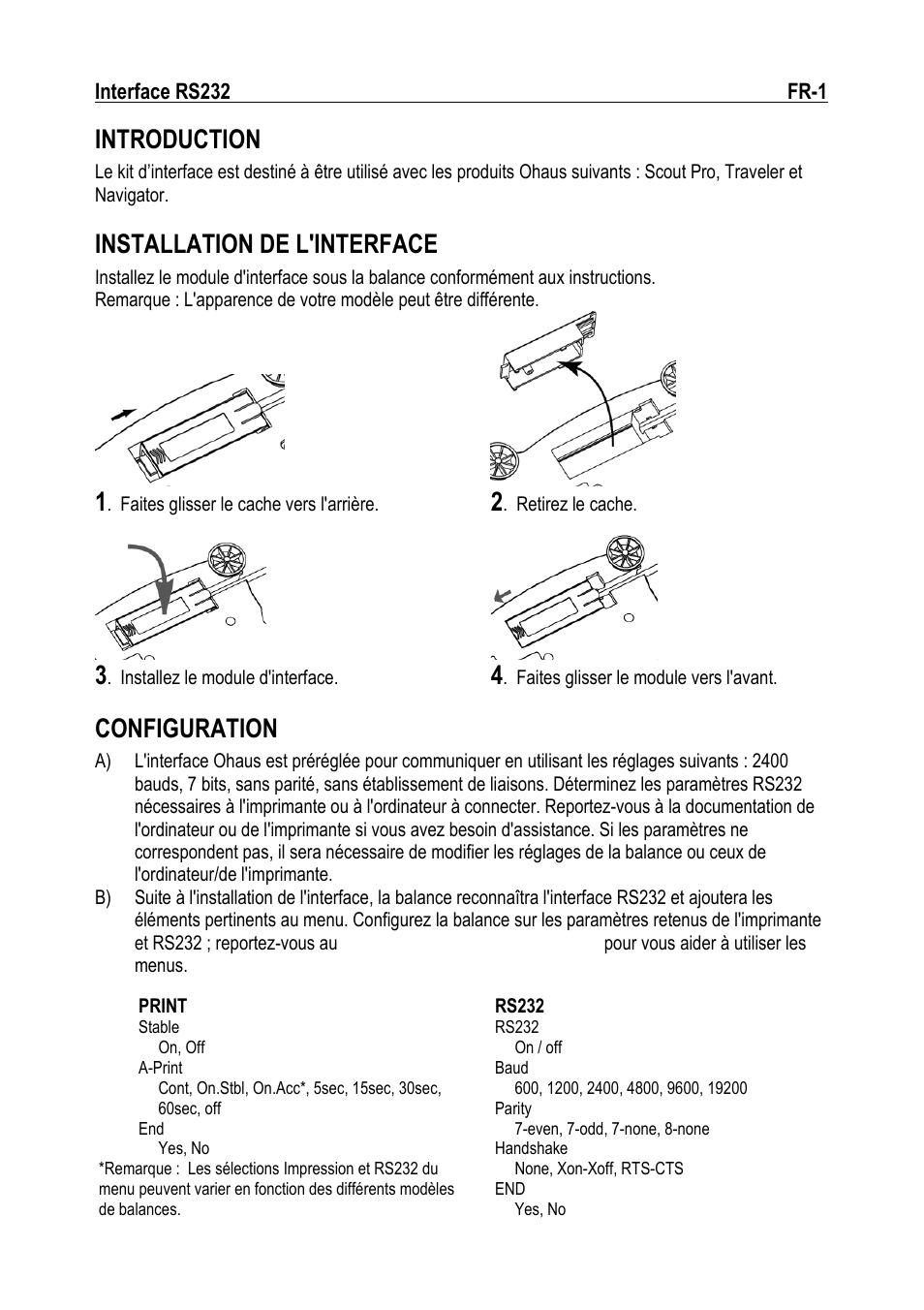 Introduction, Installation de l'interface, Configuration | Ohaus RS232 Interface Manual ru User Manual | Page 11 / 38