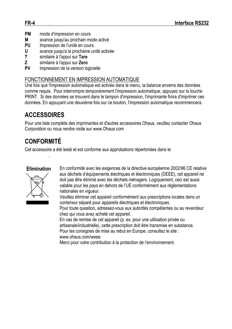 Accessoires, Conformité | Ohaus RS232 Interface Manual ru User Manual | Page 14 / 38