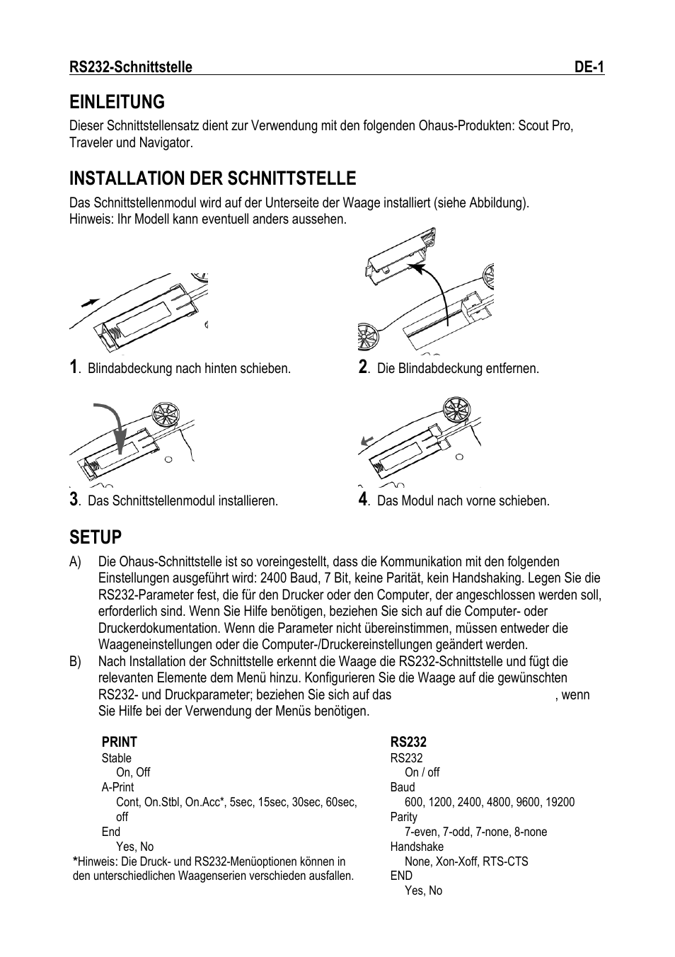 Einleitung, Installation der schnittstelle, Setup | Ohaus RS232 Interface Manual ru User Manual | Page 15 / 38