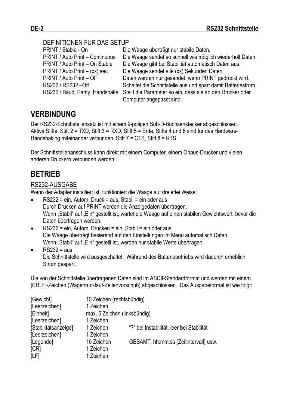Verbindung, Betrieb | Ohaus RS232 Interface Manual ru User Manual | Page 16 / 38