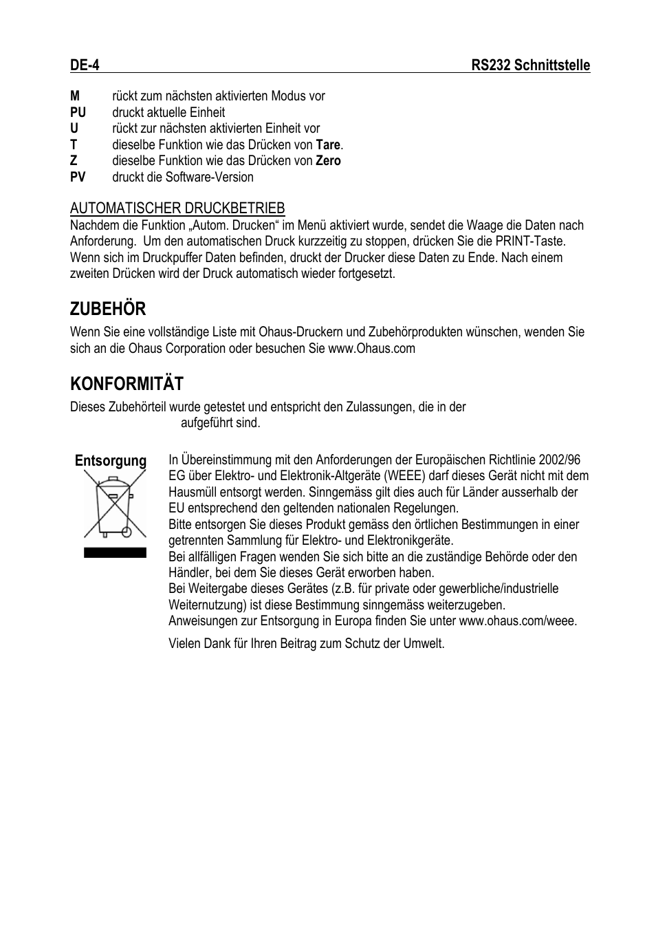 Zubehör, Konformität | Ohaus RS232 Interface Manual ru User Manual | Page 18 / 38