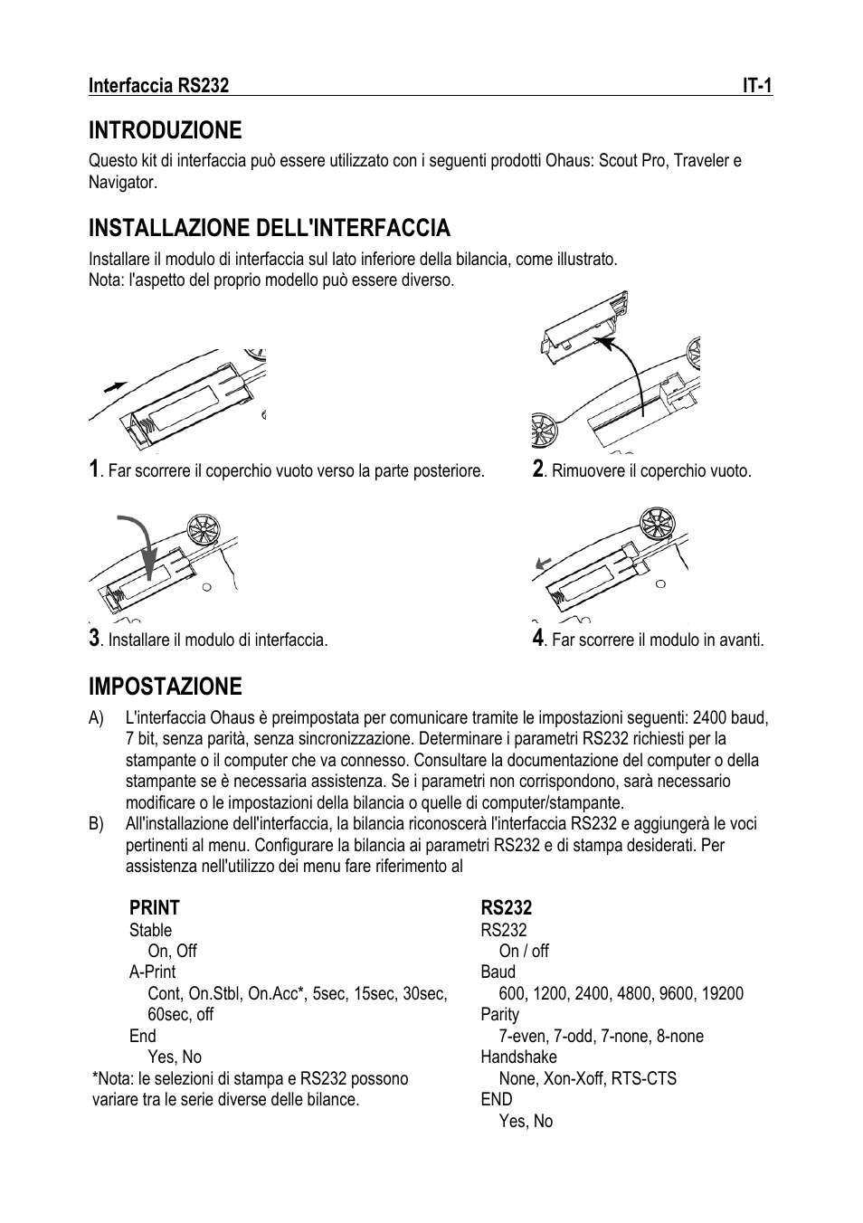 Introduzione, Installazione dell'interfaccia, Impostazione | Ohaus RS232 Interface Manual ru User Manual | Page 19 / 38