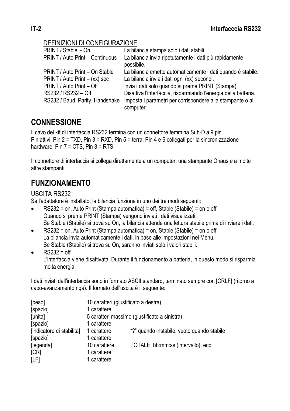Connessione, Funzionamento | Ohaus RS232 Interface Manual ru User Manual | Page 20 / 38