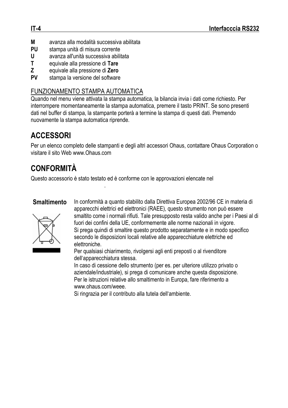 Accessori, Conformità | Ohaus RS232 Interface Manual ru User Manual | Page 22 / 38