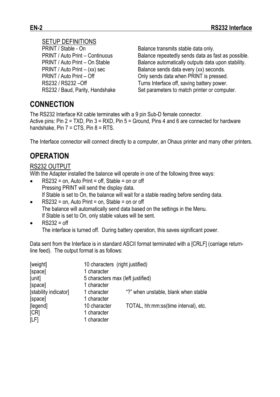 Connection, Operation | Ohaus RS232 Interface Manual ru User Manual | Page 4 / 38