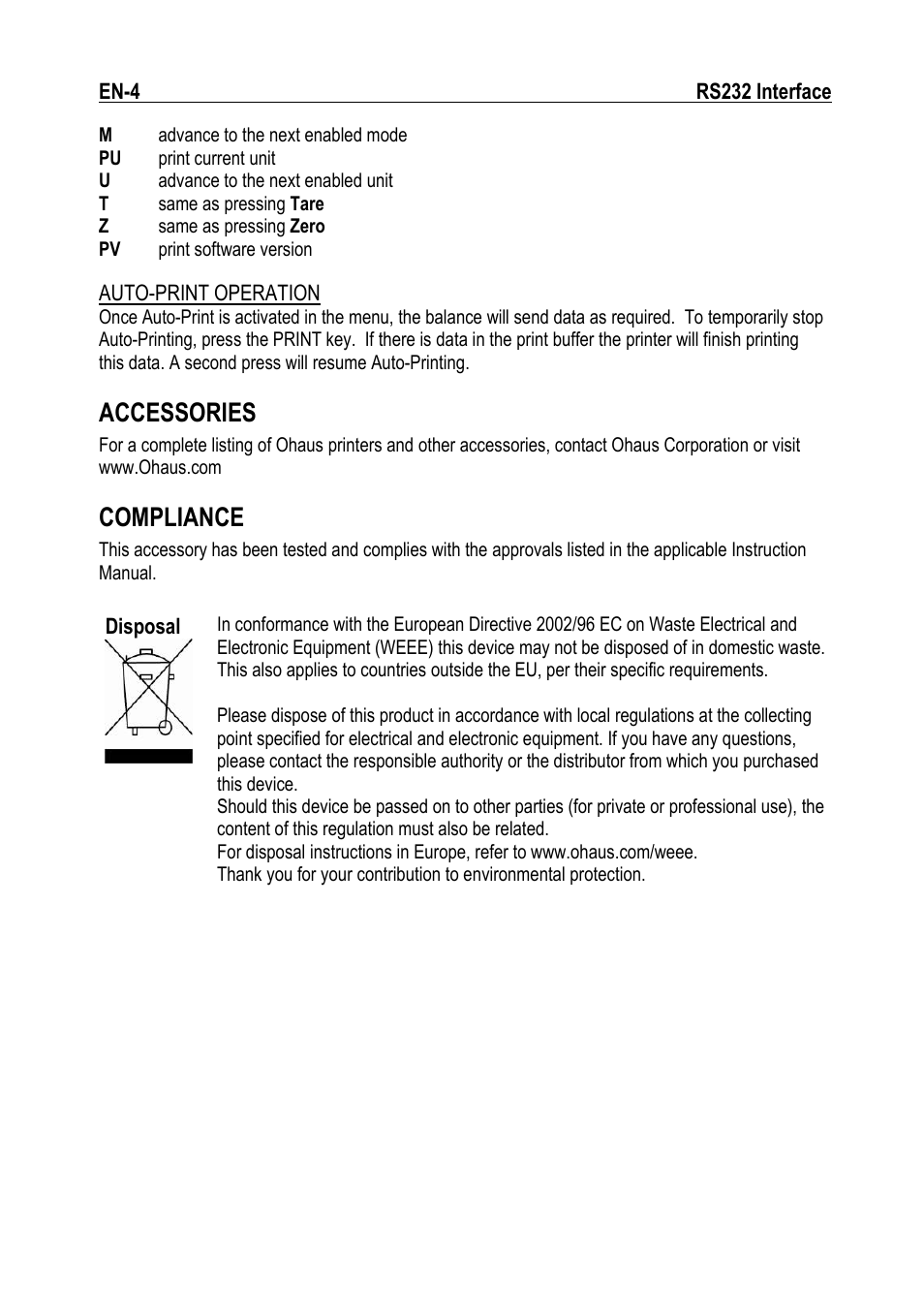 Accessories, Compliance | Ohaus RS232 Interface Manual ru User Manual | Page 6 / 38
