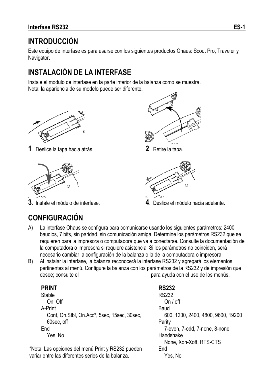 Introducción, Instalación de la interfase, Configuración | Ohaus RS232 Interface Manual ru User Manual | Page 7 / 38