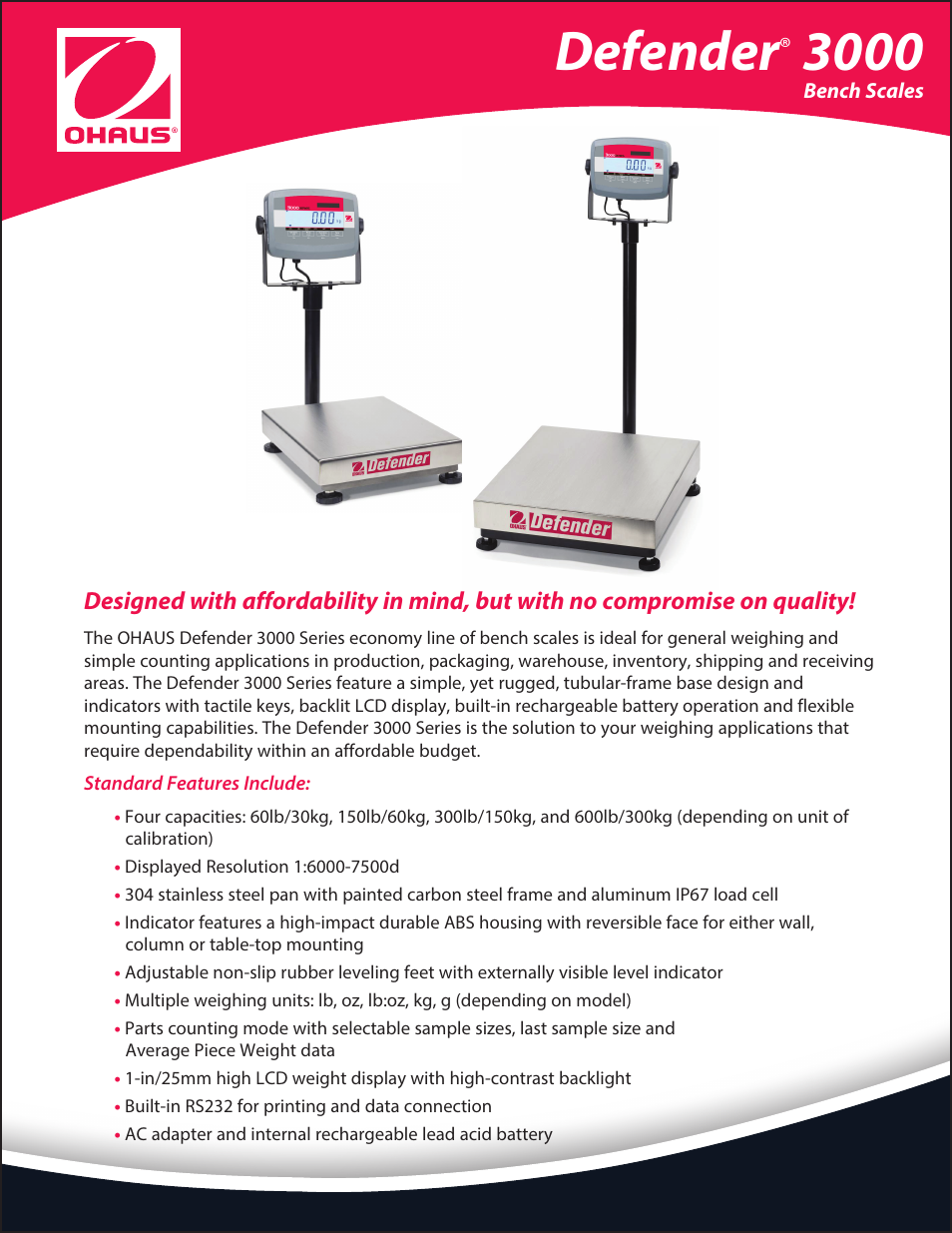 Ohaus DEFENDER 3000 BENCH SCALES Data Sheet User Manual | 2 pages